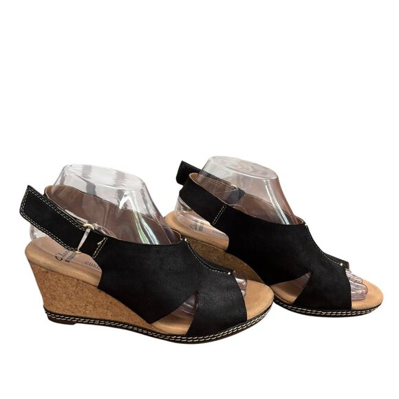 CLARKS Collection Helio Float Black Nubuck Wedge Heels Size 8 Adjustable Strap - Picture 2 of 11